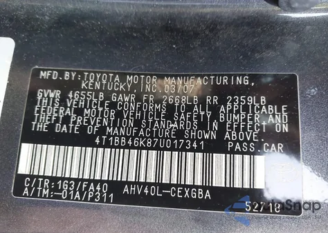 2007 Toyota Camry Hybrid from USA, damaged, VIN 4T1BB46K87U017341